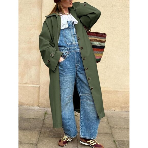 Women Green Long Trench Coat Single Breasted Oversized Windproof Fall Overcoat - Picture 3 of 4